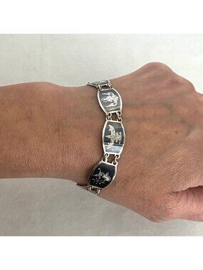 Signed SIAM Thai Sterling Silver 925 Black Niello Garuda Panel Bracelet 6.75"